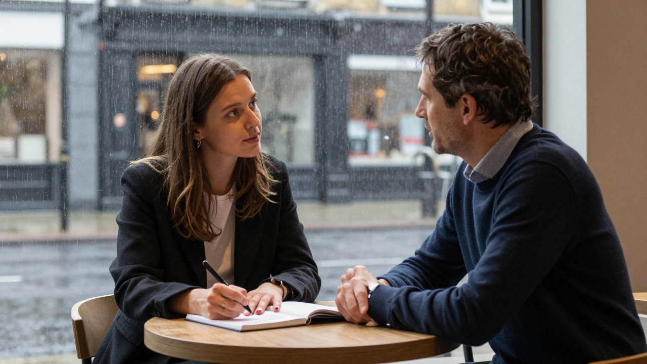 A client and escort in a London café, listening intently by a rainy window, no physical contact, warm interior lighting.