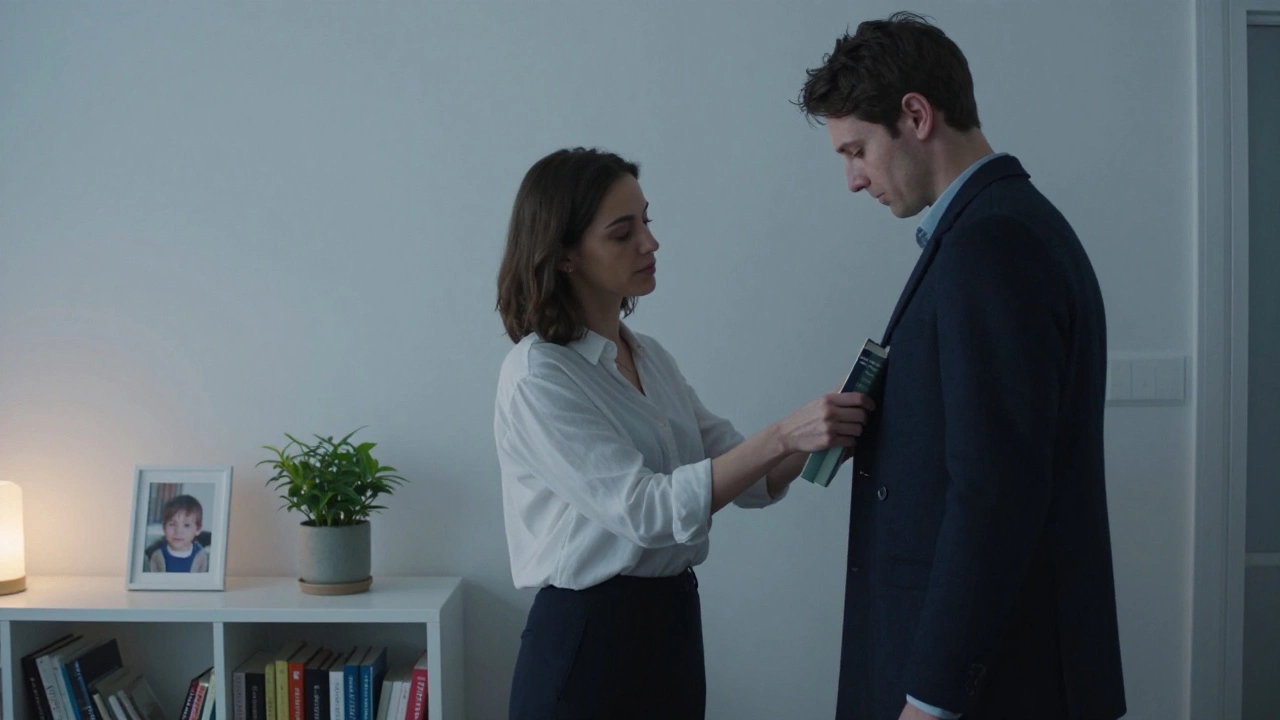 A woman placing a book into a client&#039;s coat pocket in a minimalist Berlin apartment, soft night lighting, quiet dignity.