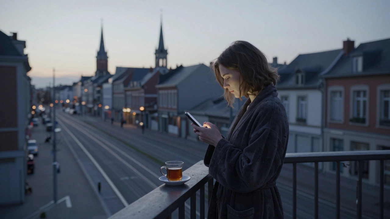 A woman stands alone on a Lille balcony at dawn, holding a phone with quiet solitude.