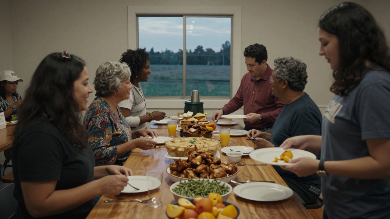 Neighbors sharing a harvest potluck at the community center, tables filled with homemade food in rural Georgia.