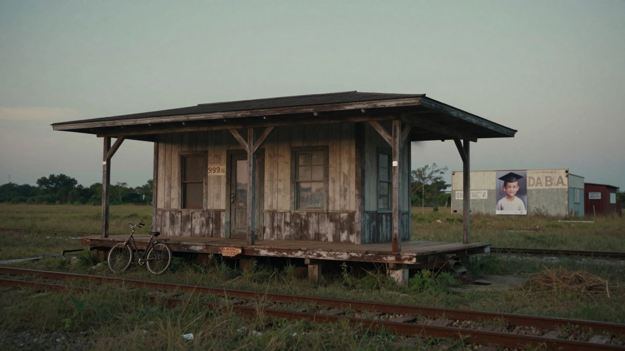 Restored 1892 railroad depot in overgrown grass at twilight, with a graduation photo pinned to its wall.