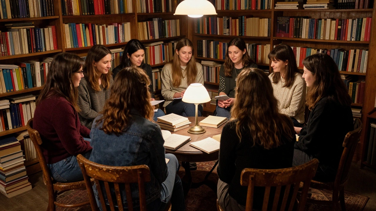 Women meet in a library basement in Lille, exchanging support in a private circle.